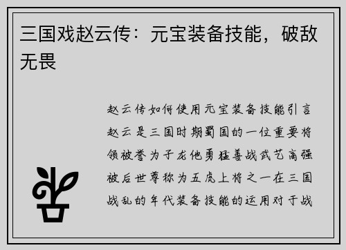 三国戏赵云传：元宝装备技能，破敌无畏