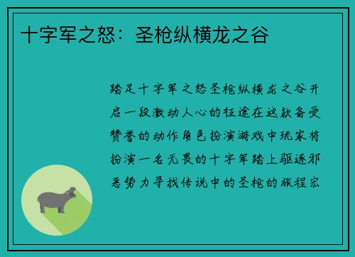 十字军之怒：圣枪纵横龙之谷